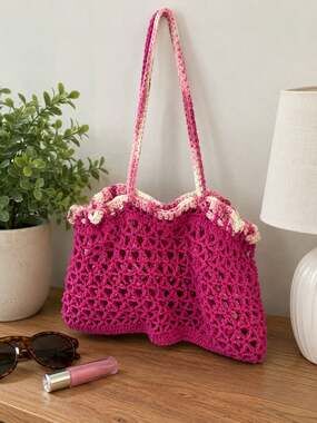 Handmade Crochet Shoulder Bag Pink Fuchsia Boho Hippie Market Tote Purse